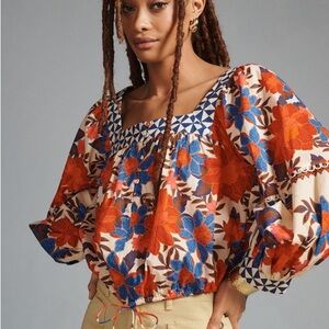 Farm Rio Square-Neck Puff-Sleeve Blouse with adjustable straps